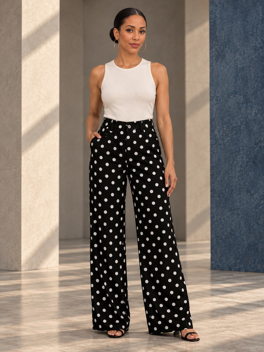 High Waisted Wide Leg Buttoned Contrast Color No Belt Polka Dot Zipper Pants Trousers - 207505_OL_F1_v20261008