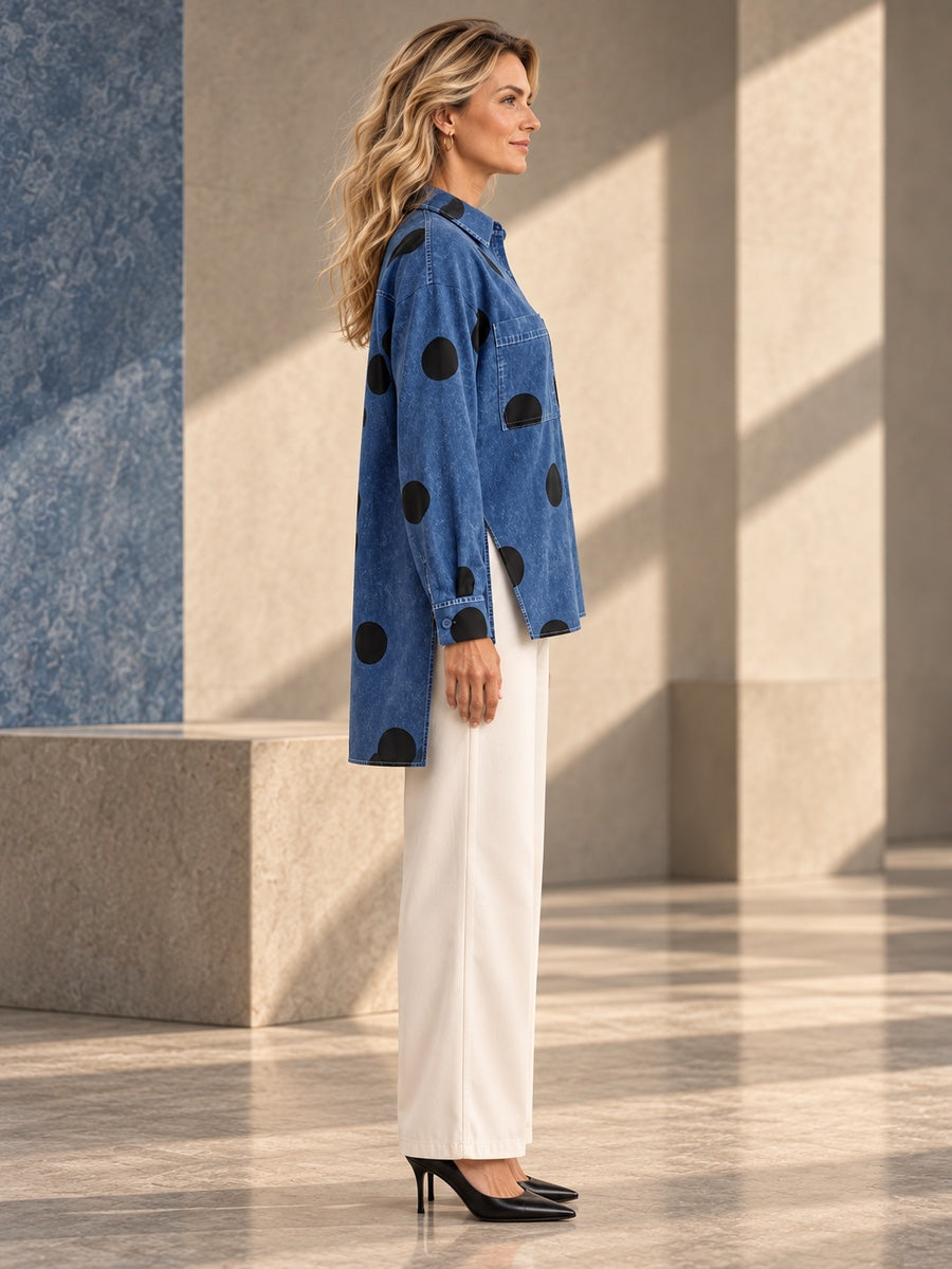 High-Low Irregularity Buttoned Contrast Color Pockets Polka-Dot Split-Joint Split-Side Stand Collar Blouses&Shirts Tops - 201952_S1_v20261008