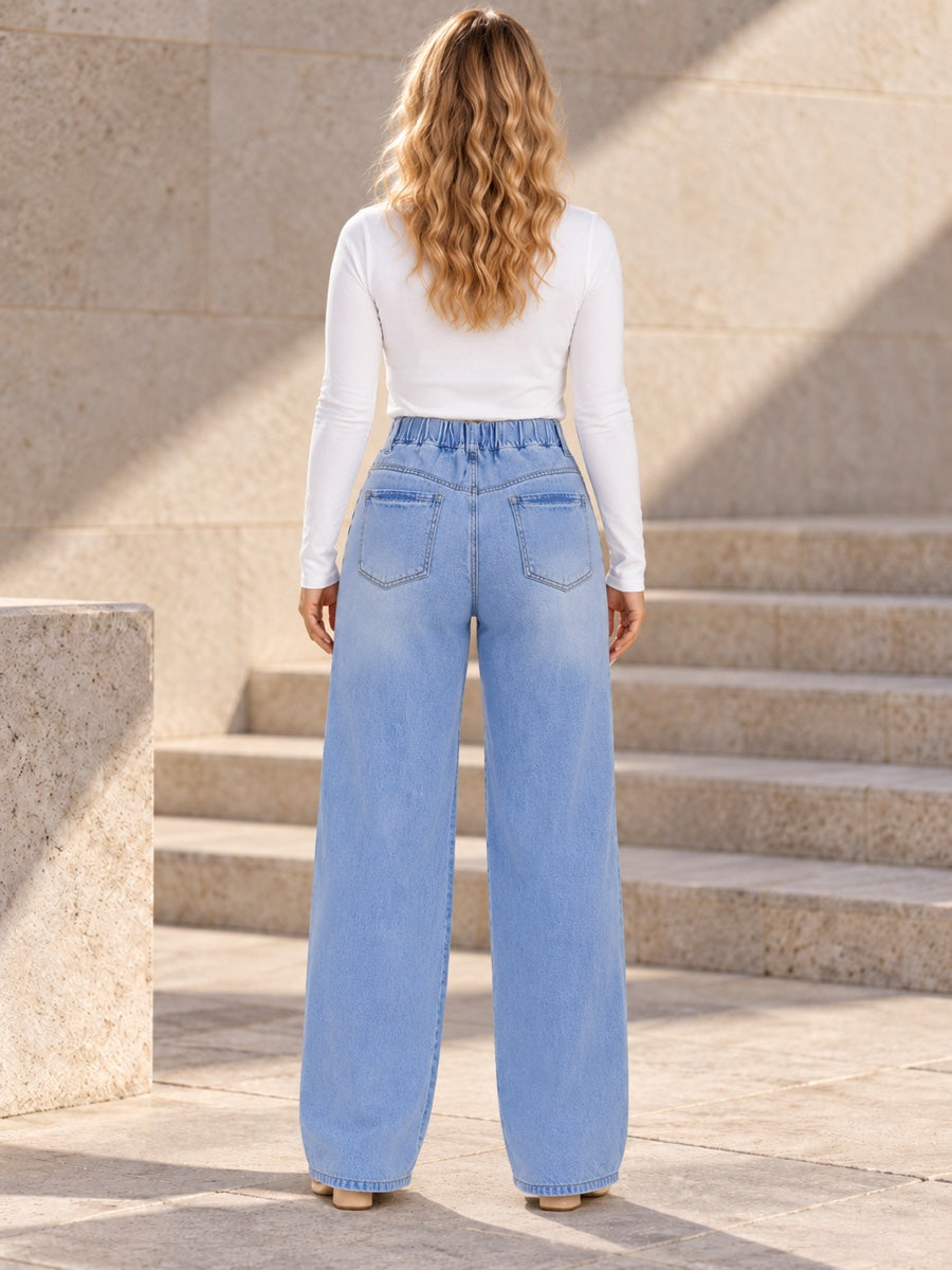 High Waisted Loose Drawstring Elasticity Split-Joint Jean Pants Bottoms - 179968_B1_v01
