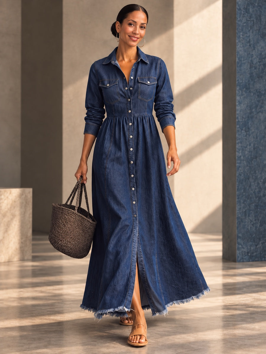A-line Long Sleeves Buttoned Pleated Pockets Solid Color Split-Joint Lapel Maxi Dresses - 209470_CF_F1_v04