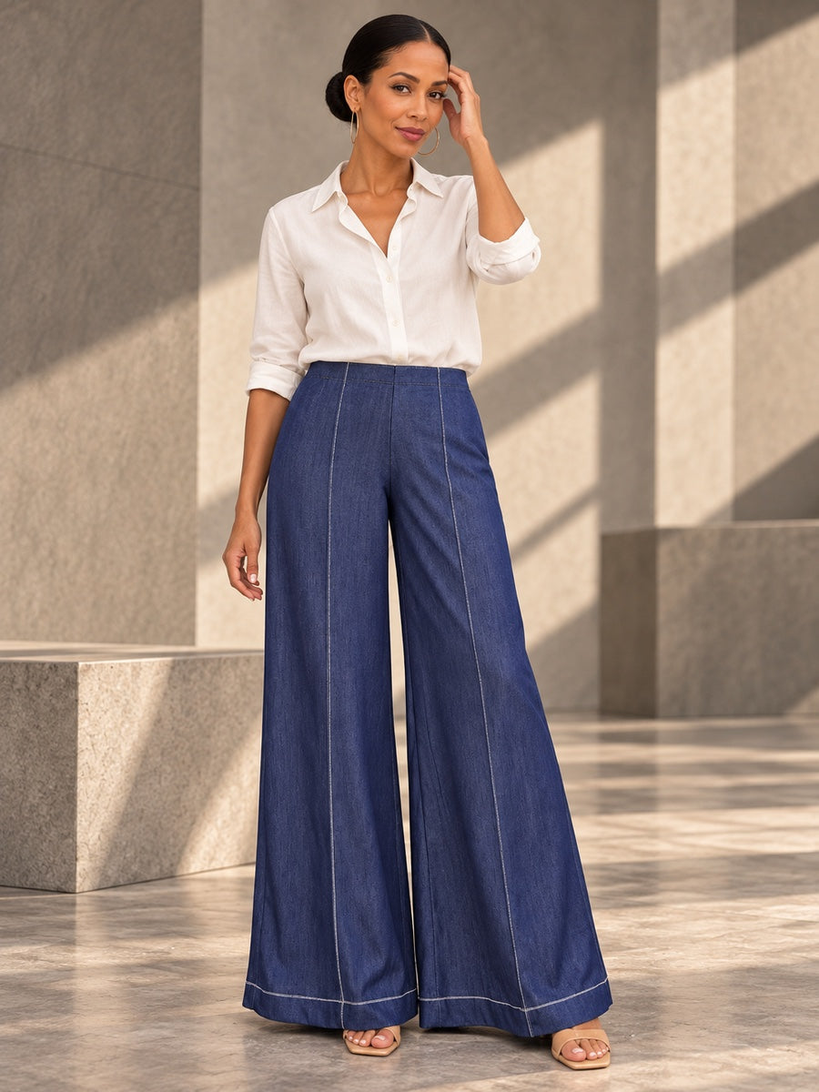 High Waisted Loose Elasticity Pockets Solid Color Jean Pants Bottoms Trousers - 182665_CF_F2_v20261008