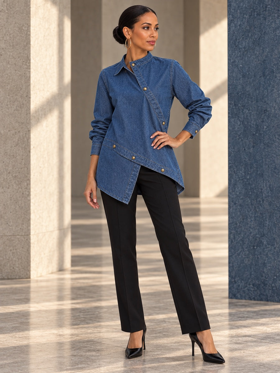 Long Sleeves Loose Asymmetric Buttoned Split-Front Stand Collar Blouses&Shirts Tops - a6b6da309334_OL_F3_v20261008
