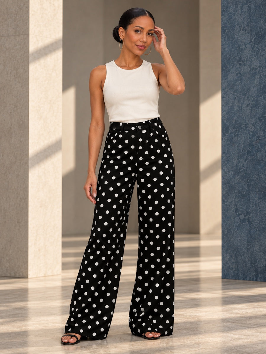 High Waisted Wide Leg Buttoned Contrast Color No Belt Polka Dot Zipper Pants Trousers - 207505_CF_F2_v20261008