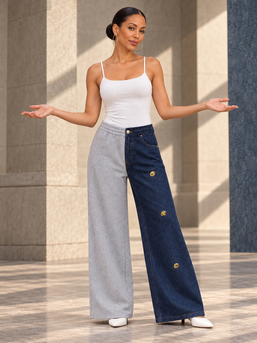 High Waisted Wide Leg Buttoned Contrast Color Elasticity Pockets Split-Joint Zipper Pants Trousers - 211497_CF_F3_v20261008