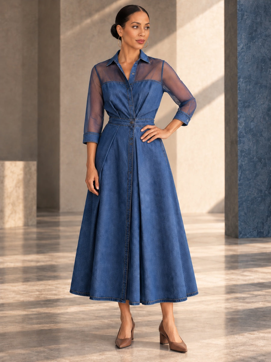 A-Line High Waisted Buttoned Pockets See-Through Solid Color Split-Joint Lapel Maxi Dresses - 203907_OL_F3_v04