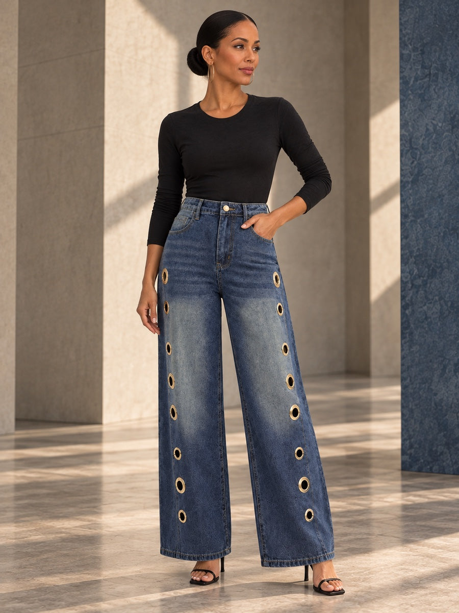 High Waisted Loose Buttoned Geometric Hollow Pockets Split-Joint Jean Pants Bottoms - 202496_OL_F3_v20261008
