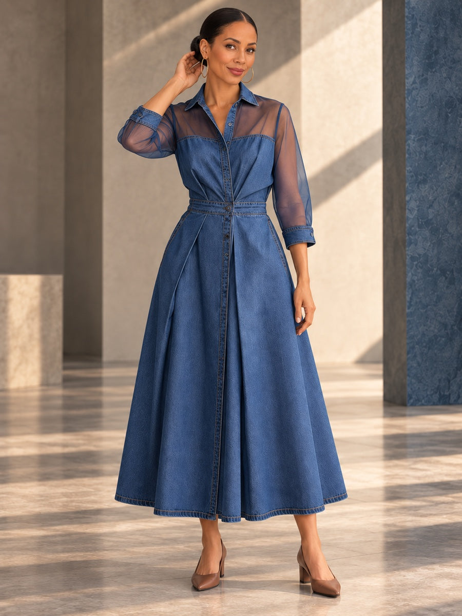 A-Line High Waisted Buttoned Pockets See-Through Solid Color Split-Joint Lapel Maxi Dresses - 203907_CF_F2_v01