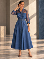 A-Line High Waisted Buttoned Pockets See-Through Solid Color Split-Joint Lapel Maxi Dresses - 203907_CF_F2_v01