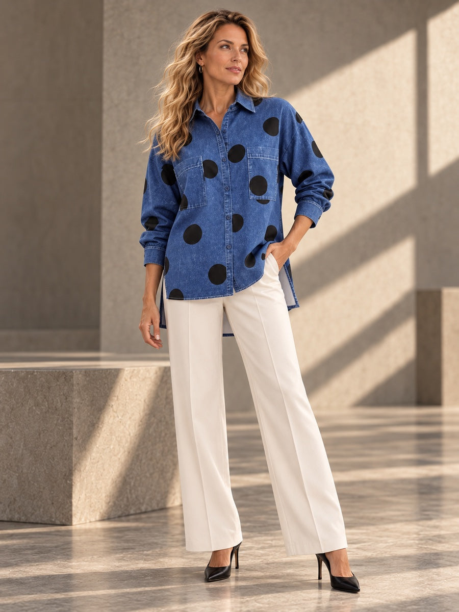 High-Low Irregularity Buttoned Contrast Color Pockets Polka-Dot Split-Joint Split-Side Stand Collar Blouses&Shirts Tops - 201952_OL_F3_v20261008