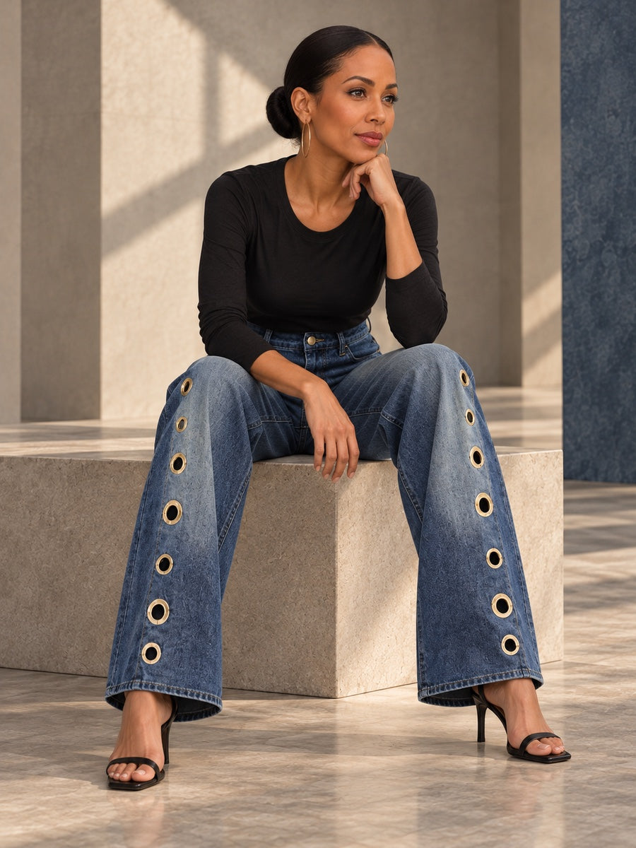 High Waisted Loose Buttoned Geometric Hollow Pockets Split-Joint Jean Pants Bottoms - 202496_OL_F2_v20261008