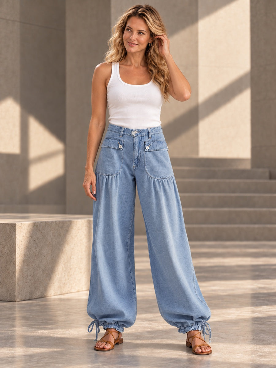 High Waisted Wide Leg Buttoned Drawstring Elasticity Pleated Pockets Solid Color Jean Pants Bottoms - 207162_CF_F2_v01