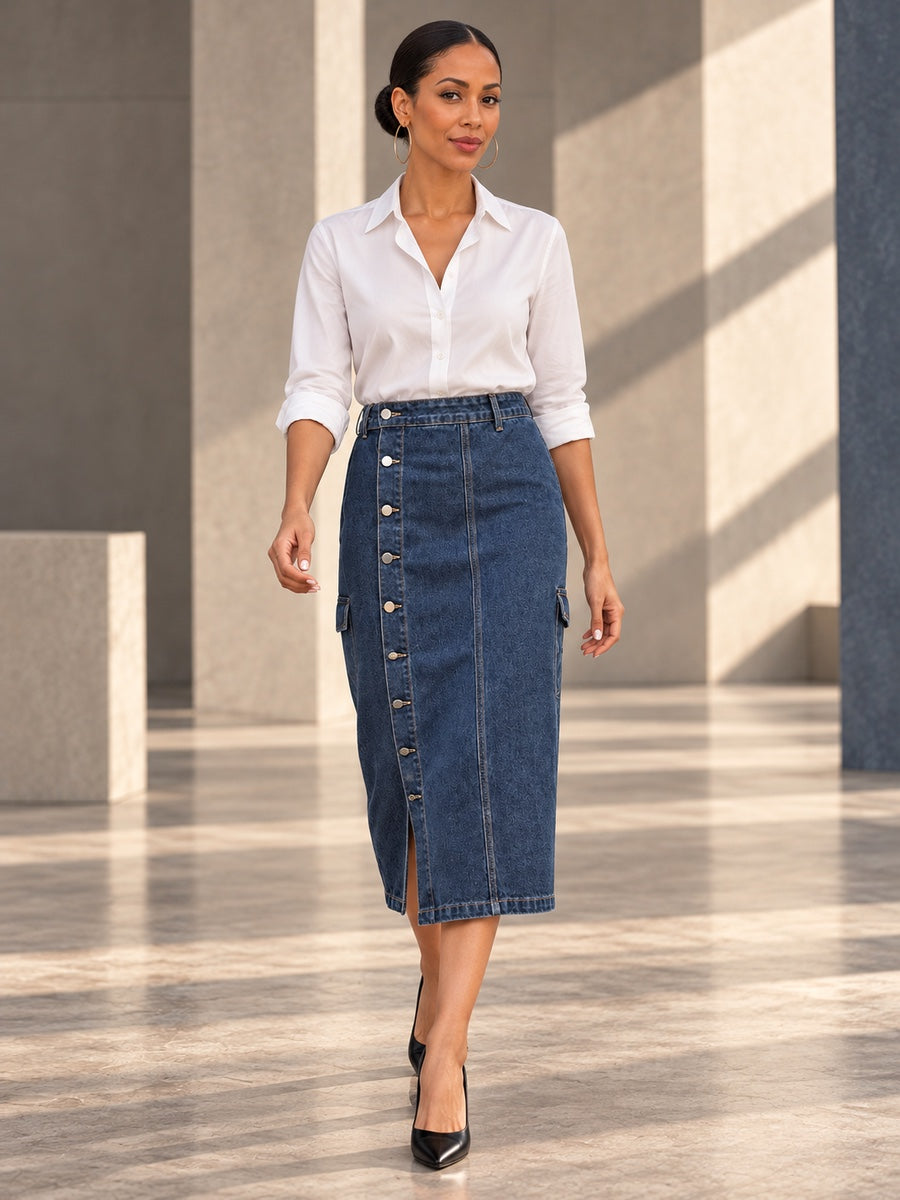 Loose Buttoned Pockets Split-front Long Skirts Skirts Bottoms - 140934_CF_F1_v20261008