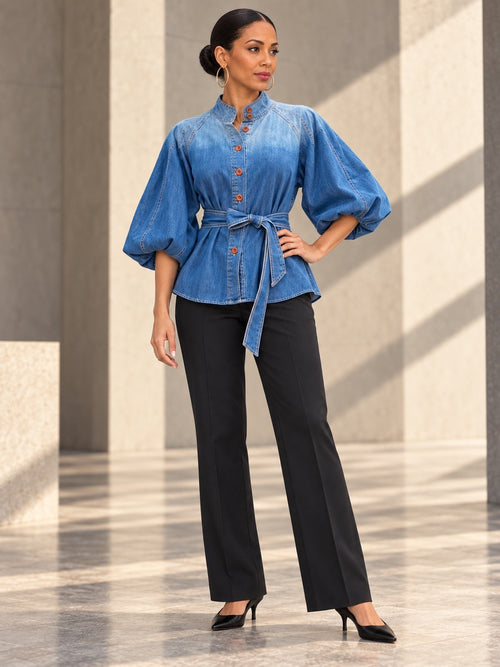 Half Sleeves Puff Sleeves Buttoned Gradient Tied Waist Stand Collar Blouses&Shirts Tops - 180632_OL_F1_v20261008