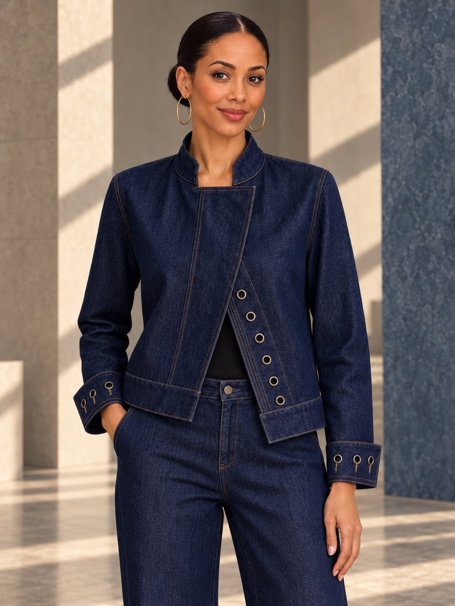 Cropped Long Sleeves Buttoned Hollow Solid Color Stand Collar Outerwear - 205700_CF_F1_v01