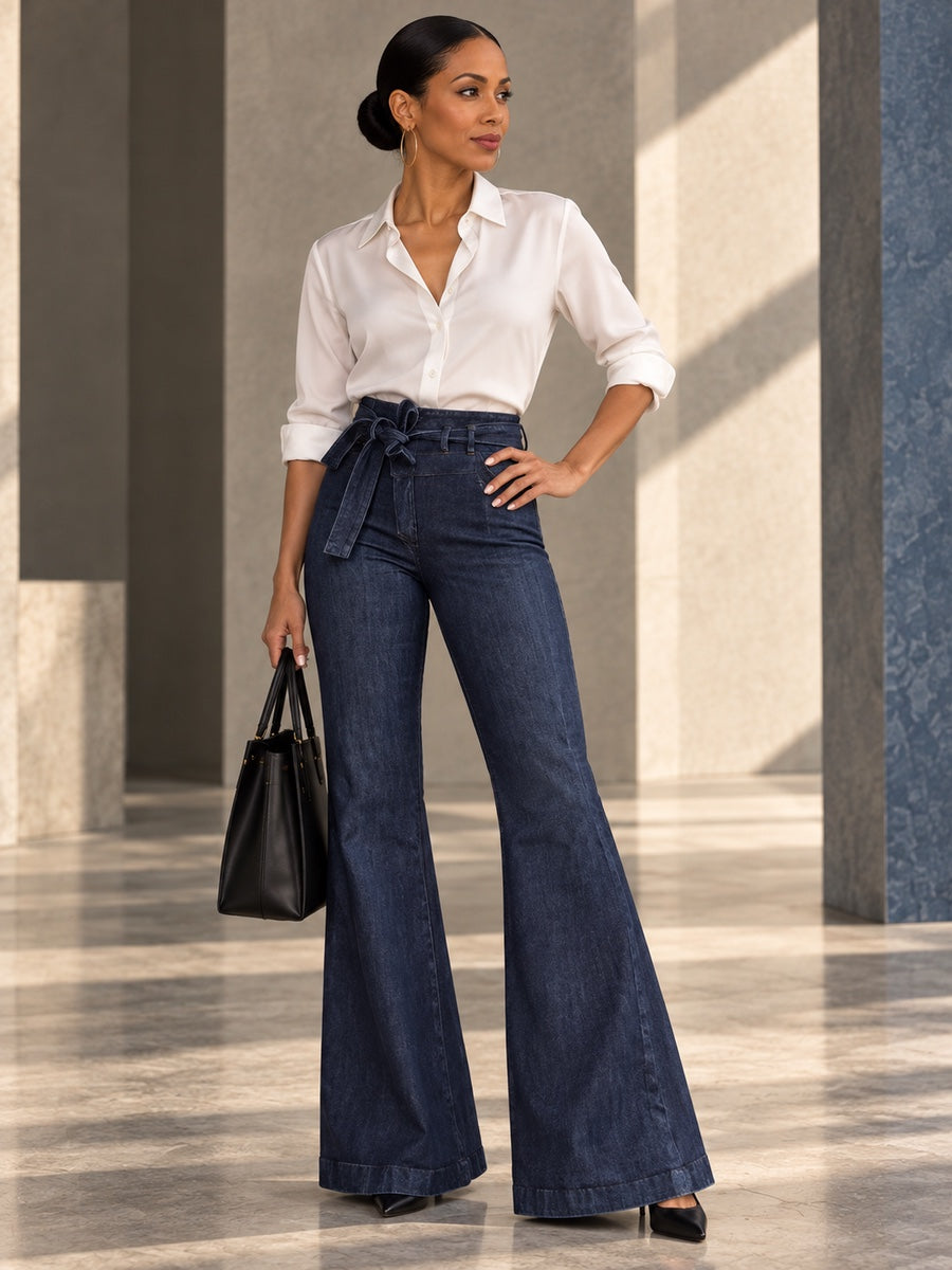 Flared Pants High Waisted Solid Color Tied Waist Jean Pants Bottoms - 154536_OL_F3_v20261008