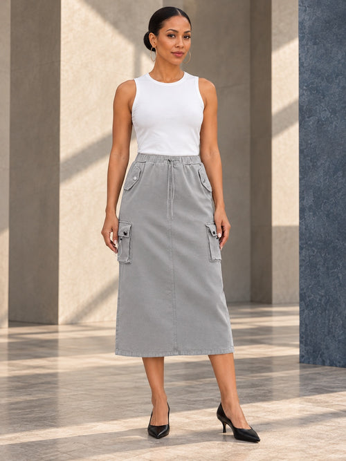 A-Line Buttoned Drawstring Pockets Solid Color Split-Joint Skirts Bottoms - 123865_OL_F1_v20261008