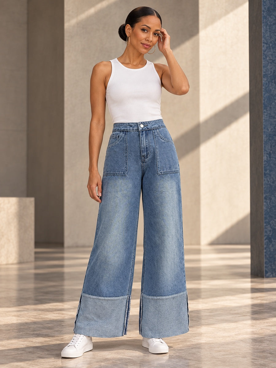 High Waisted Wide Leg Contrast Color Pockets Jean Pants Bottoms - 187827_CF_F2_v20261008