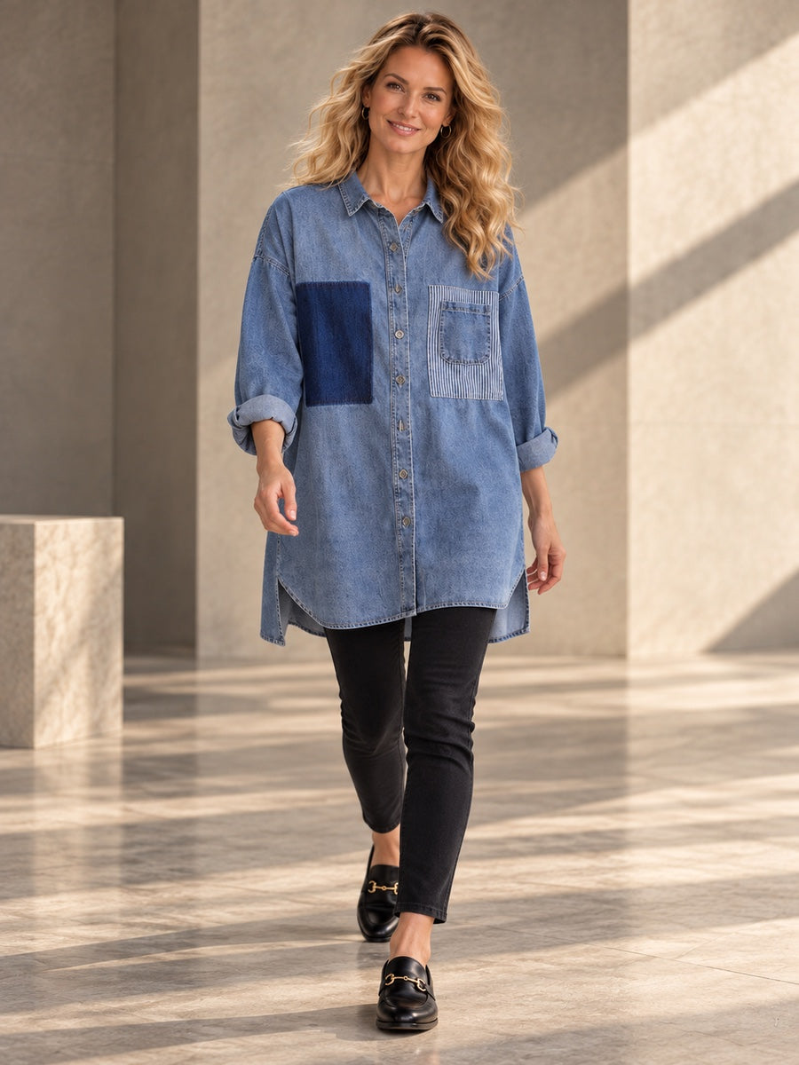 High-low Long Sleeves Asymmetric Buttoned Pockets Split-Joint Lapel Blouses&shirts Tops - 148015_CF_F1_v20261008