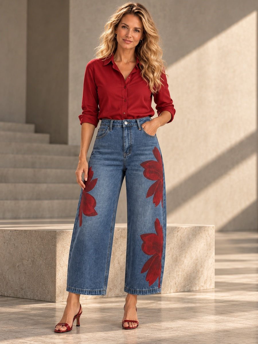 Loose Wide Leg Flower Print No Belt Pockets Jean Pants Bottoms Ninth Pants - 202790_OL_F1_v20261008