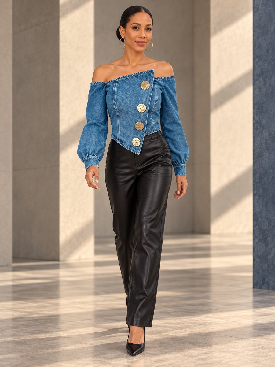 Irregularity Long Sleeves Buttoned Pleated Solid Color Split-Joint Off-The-Shoulder Blouses&Shirts Tops - 202153_CF_F1_v20261008
