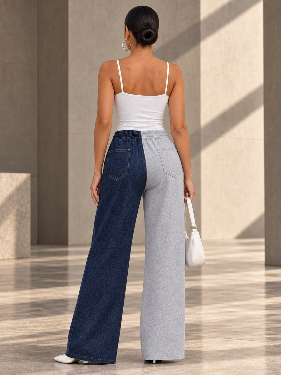 High Waisted Wide Leg Buttoned Contrast Color Elasticity Pockets Split-Joint Zipper Pants Trousers - 211497_B1_v20261008