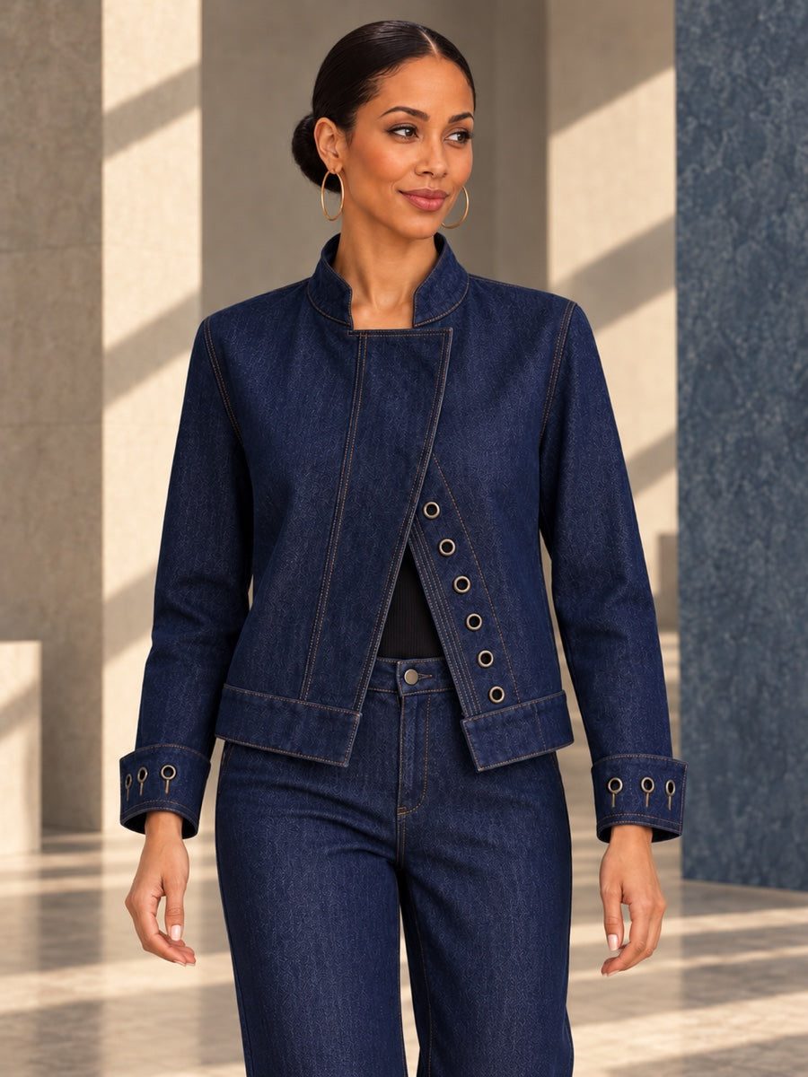 Cropped Long Sleeves Buttoned Hollow Solid Color Stand Collar Outerwear - 205700_CF_F3_v01