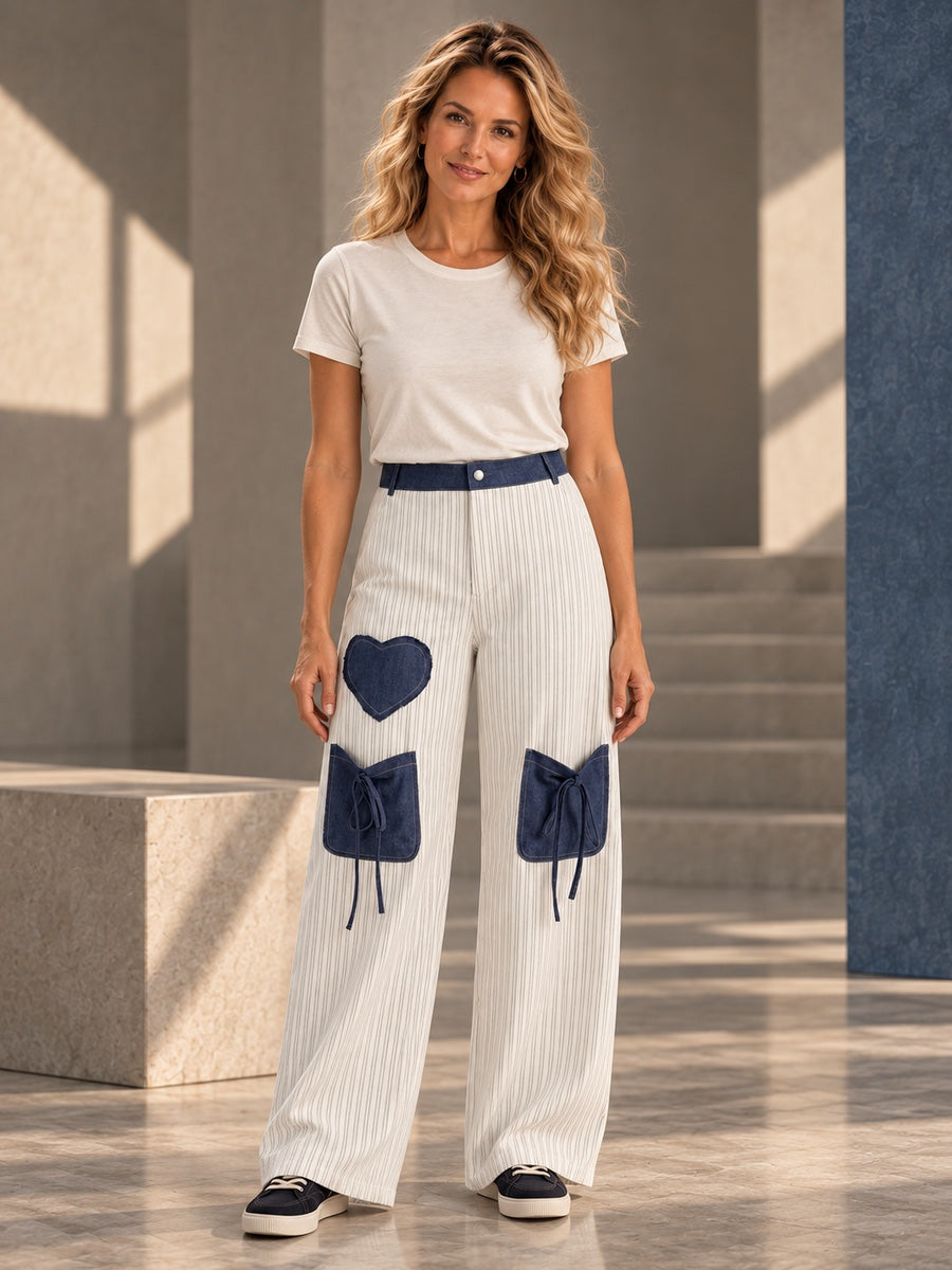 High Waisted Loose Buttoned Contrast Color Pockets Split-Joint Striped Tied Pants Trousers - 205651_OL_F1_v20261008