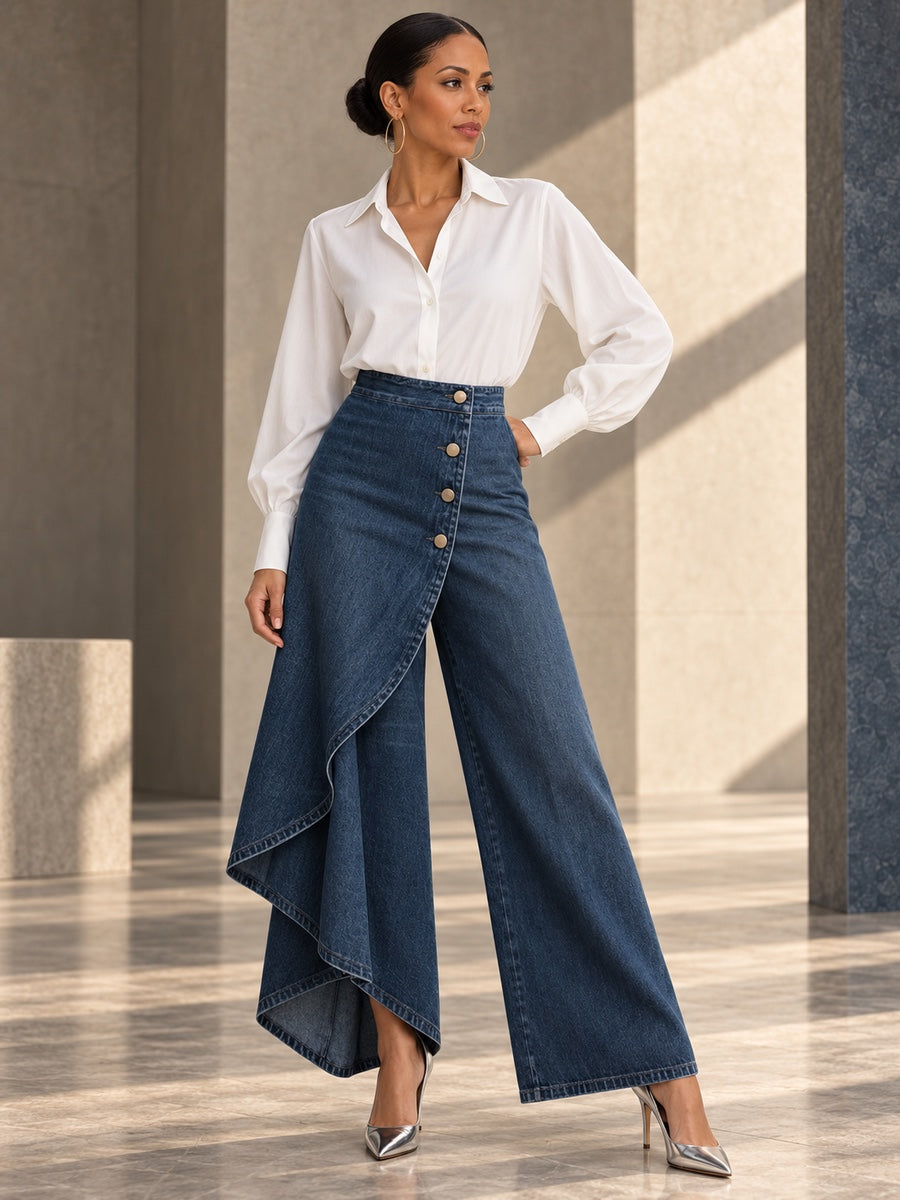 High Waisted Irregularity Buttoned Layered Pockets Solid Color Split-Joint Jean Pants Bottoms - 201901_OL_F3_v20261008