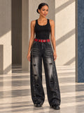 High Waisted Wide Leg Belt Buckle Hollow Pockets Printed Ripped Split-Joint Jean Pants Bottoms - 207025_OL_F1_v01