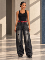 High Waisted Wide Leg Belt Buckle Hollow Pockets Printed Ripped Split-Joint Jean Pants Bottoms - 207025_OL_F1_v01