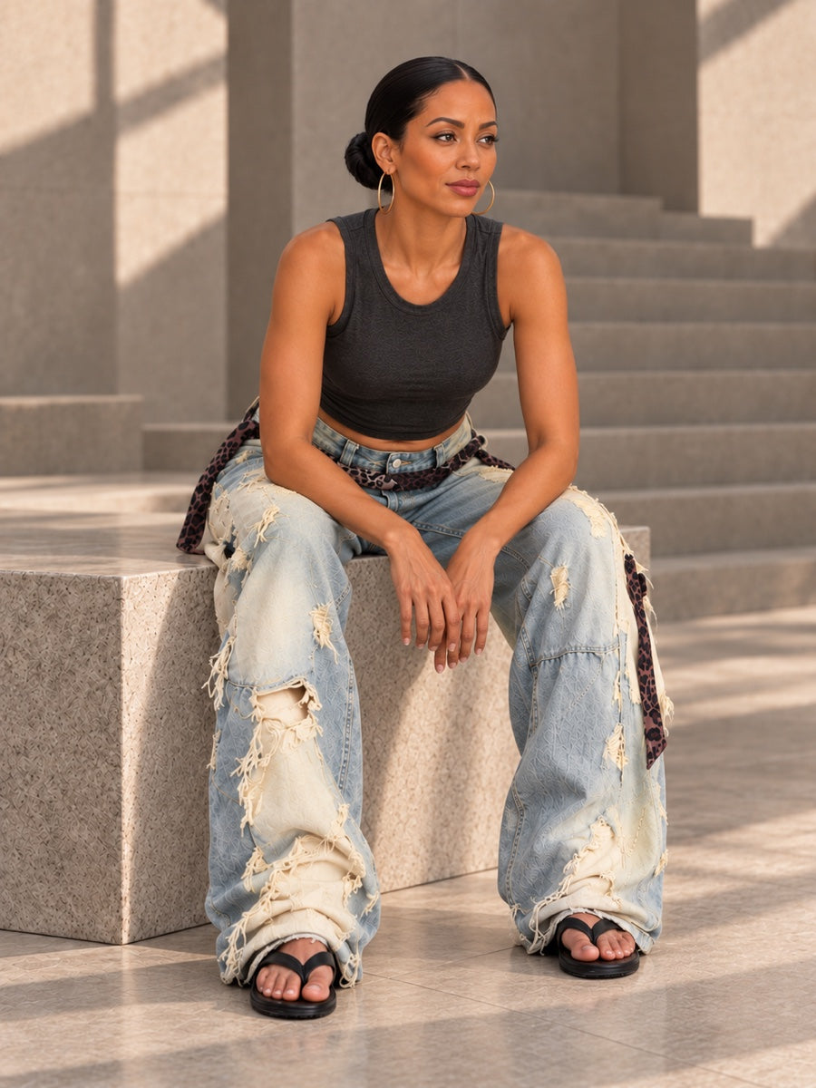 High Waisted Wide Leg Asymmetric Buttoned Contrast Color Jacquard Pockets Split-Joint Streamer Jean Pants Bottoms - 207026_OL_F2_v04