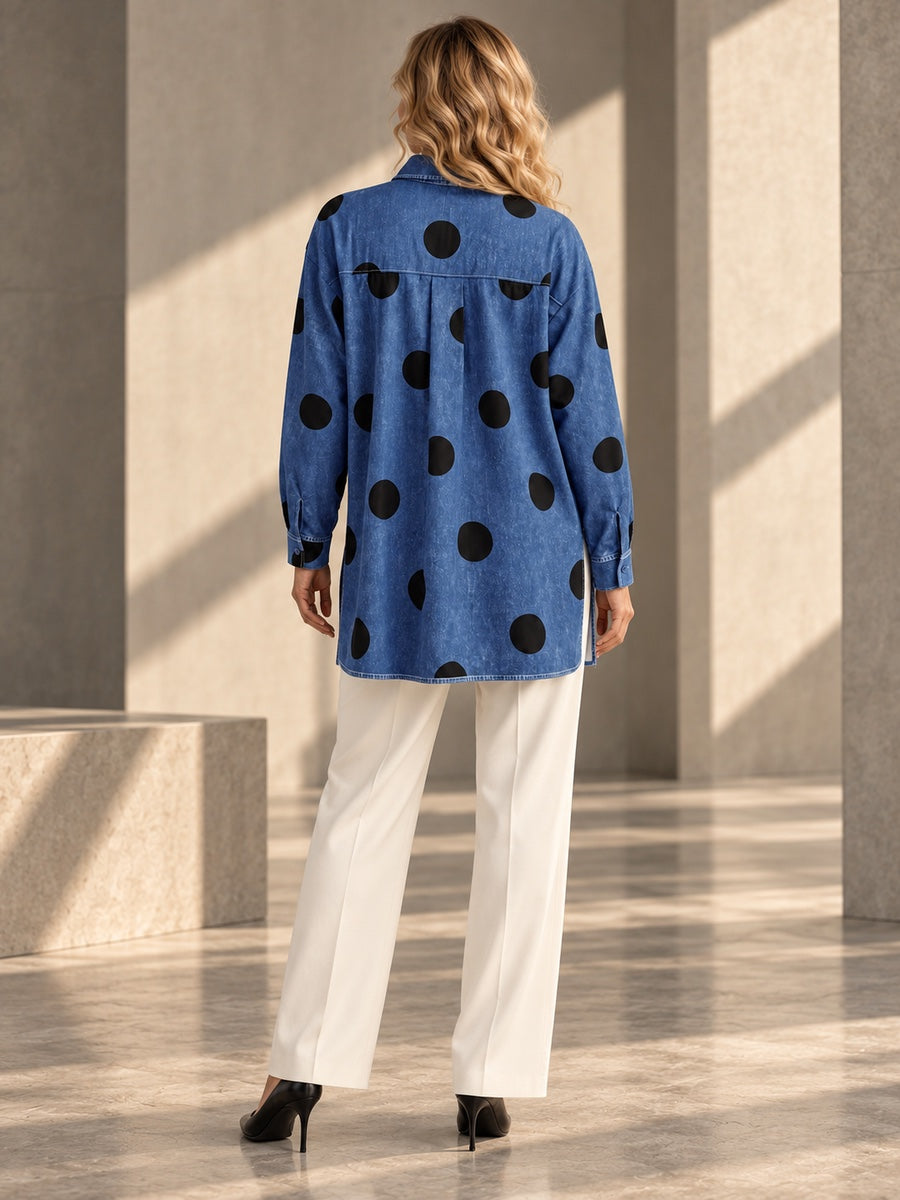 High-Low Irregularity Buttoned Contrast Color Pockets Polka-Dot Split-Joint Split-Side Stand Collar Blouses&Shirts Tops - 201952_B1_v20261008