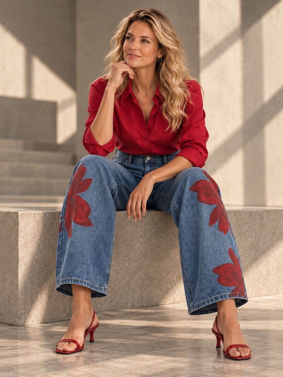 Loose Wide Leg Flower Print No Belt Pockets Jean Pants Bottoms Ninth Pants - 202790_OL_F2_v20261008
