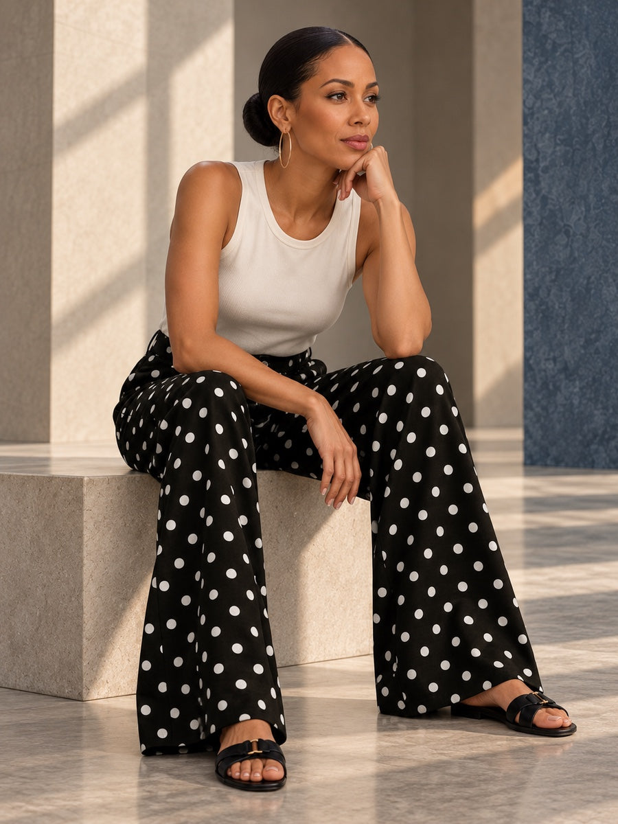 High Waisted Wide Leg Buttoned Contrast Color No Belt Polka Dot Zipper Pants Trousers - 207505_OL_F2_v20261008