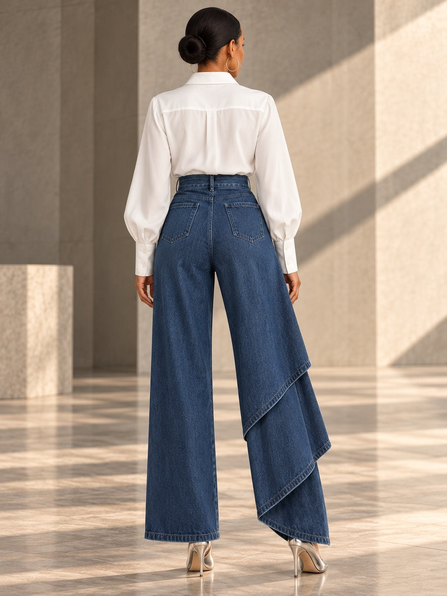 High Waisted Irregularity Buttoned Layered Pockets Solid Color Split-Joint Jean Pants Bottoms - 201901_B1_v20261008
