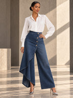 High Waisted Irregularity Buttoned Layered Pockets Solid Color Split-Joint Jean Pants Bottoms - 201901_OL_F1_v20261008