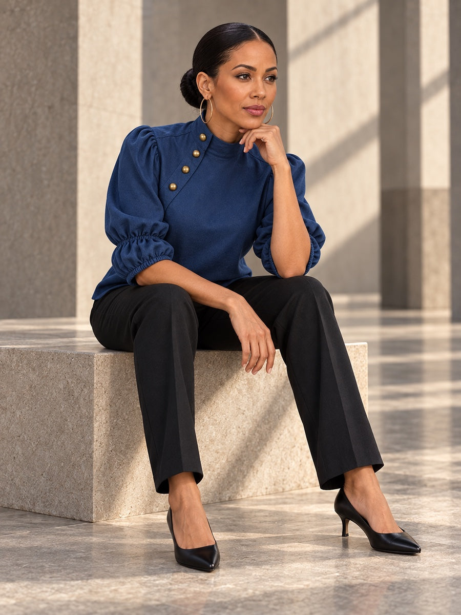 Half Sleeves Buttoned Contrast Color Pleated Stand Collar Not denim Blouses&shirts Tops - 211815_OL_F2_v20261008