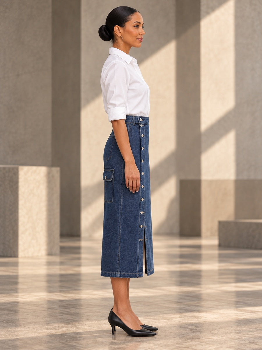 Loose Buttoned Pockets Split-front Long Skirts Skirts Bottoms - 140934_S1_v20261008