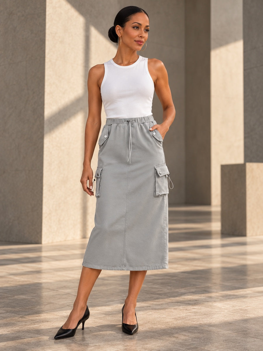 A-Line Buttoned Drawstring Pockets Solid Color Split-Joint Skirts Bottoms - 123865_OL_F3_v20261008