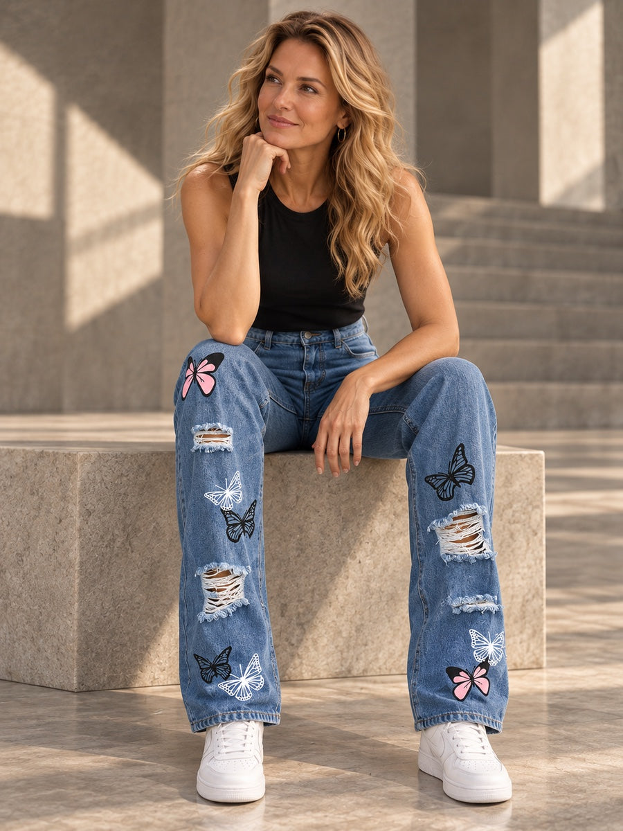 High Waisted Butterfly Print Fringed Ripped Split-Joint Jean Pants Bottoms - 172208_OL_F2_v20261008