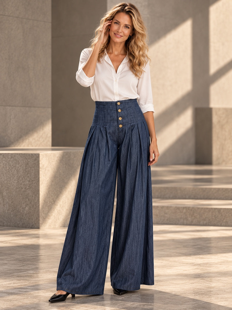 High Waisted Loose Buttoned Pleated Pockets Solid Color Jean Pants Bottoms - 182757_CF_F2_v20261008