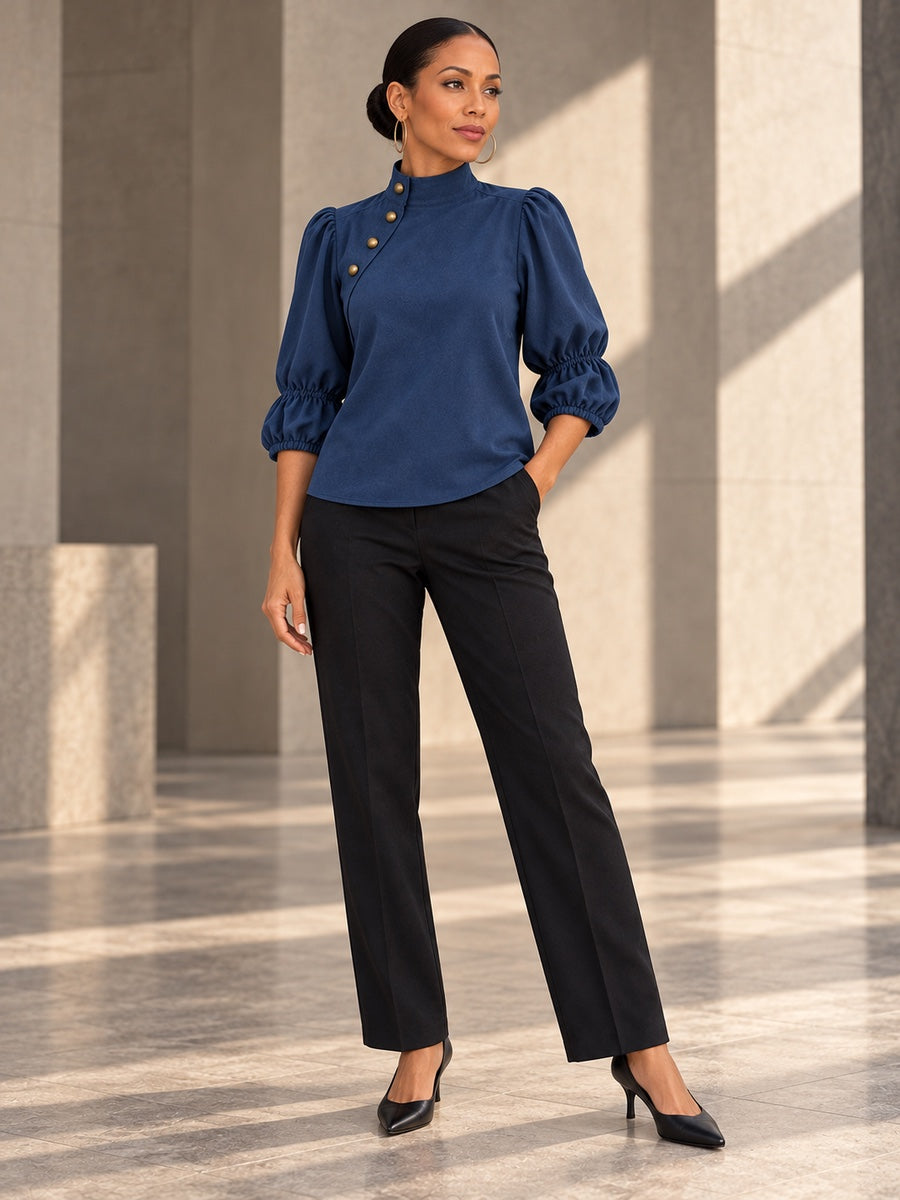 Half Sleeves Buttoned Contrast Color Pleated Stand Collar Not denim Blouses&shirts Tops - 211815_OL_F3_v20261008