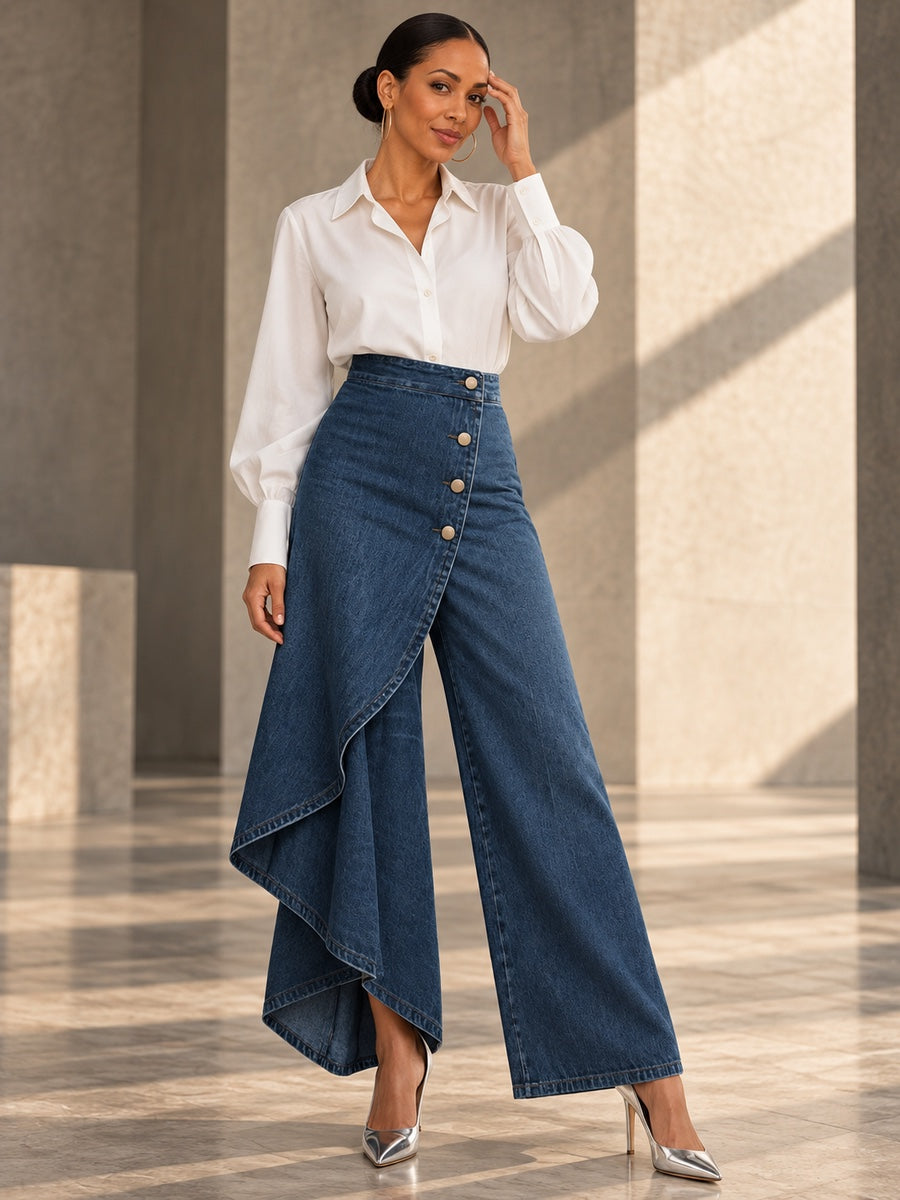 High Waisted Irregularity Buttoned Layered Pockets Solid Color Split-Joint Jean Pants Bottoms - 201901_CF_F2_v20261008