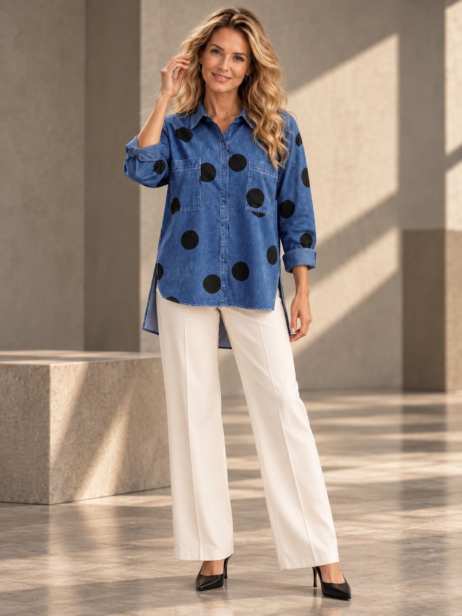 High-Low Irregularity Buttoned Contrast Color Pockets Polka-Dot Split-Joint Split-Side Stand Collar Blouses&Shirts Tops - 201952_CF_F2_v20261008