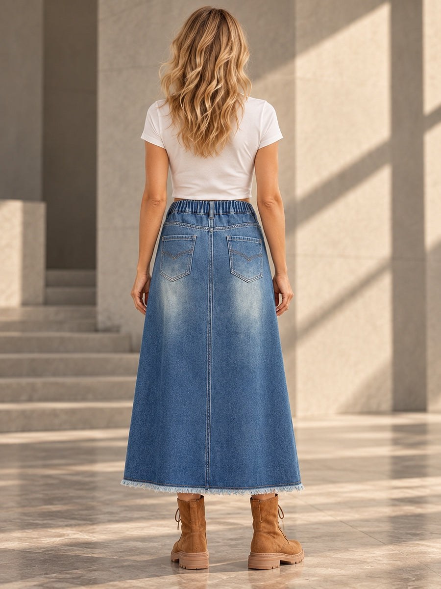A-Line Loose Buttoned Elasticity Fringed Pockets Split-Joint Skirts Bottoms - 160961_B1_v20261008