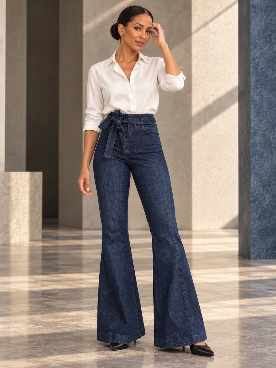 Flared Pants High Waisted Solid Color Tied Waist Jean Pants Bottoms - 154536_CF_F2_v20261008