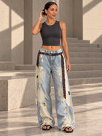 High Waisted Wide Leg Asymmetric Buttoned Contrast Color Jacquard Pockets Split-Joint Streamer Jean Pants Bottoms - 207026_CF_F2_v01