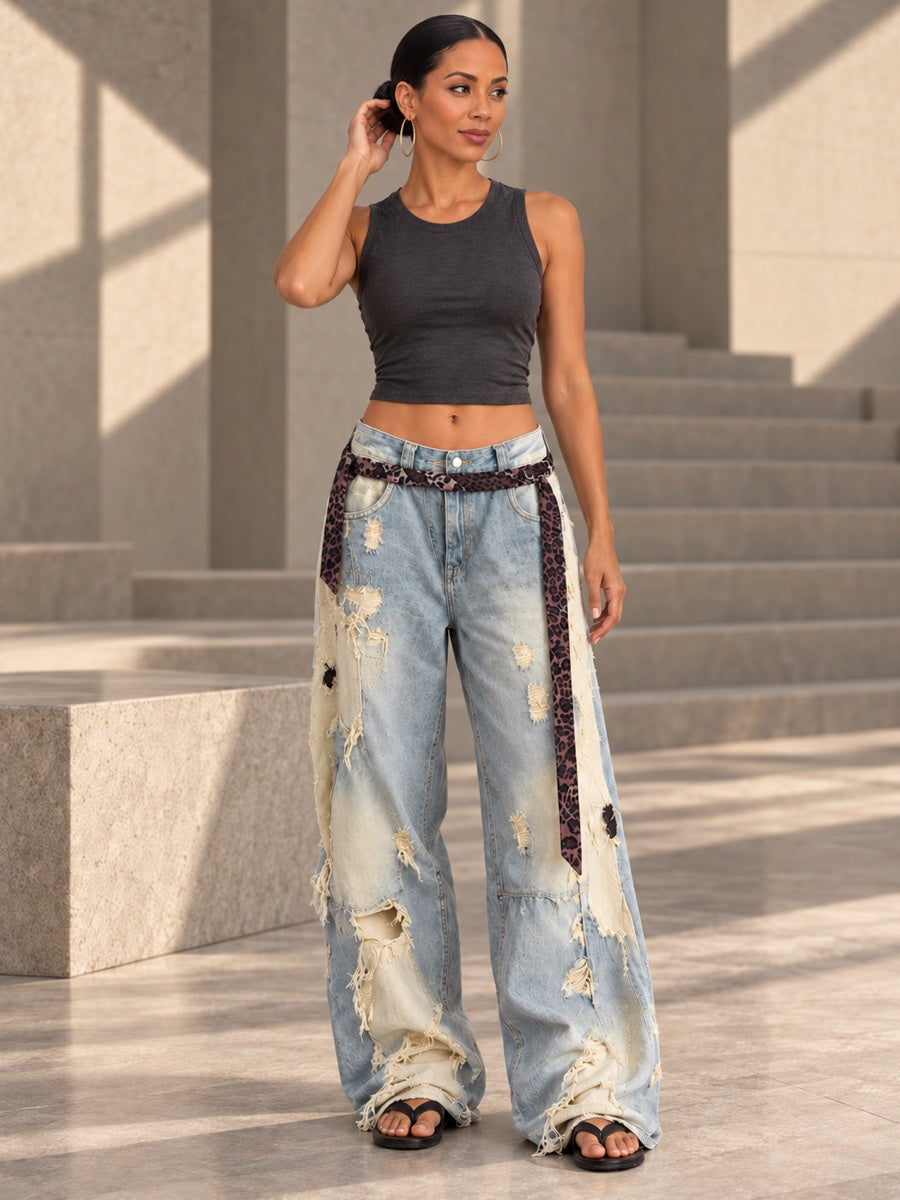 High Waisted Wide Leg Asymmetric Buttoned Contrast Color Jacquard Pockets Split-Joint Streamer Jean Pants Bottoms - 207026_CF_F2_v01