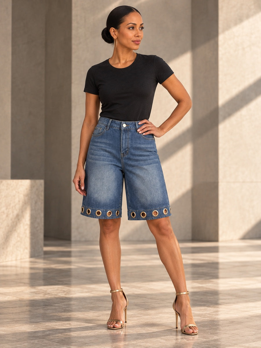 High Waisted Wide Leg Buttoned Hollow Pockets Solid Color Split-Joint Jean Pants Bottoms Shorts Bottoms - 204904_OL_F3_v20261008