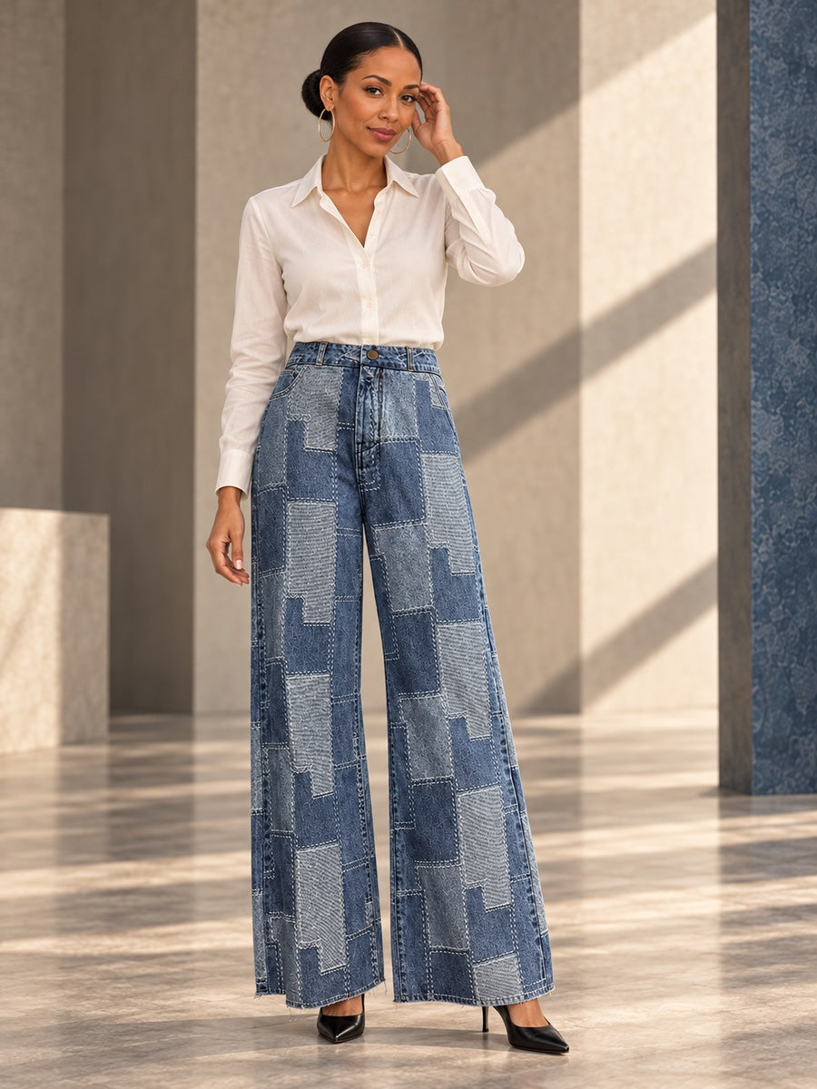 Loose Wide Leg Buttoned Plaid Pockets Split-Joint Jean Pants Bottoms - 170568_CF_F2_v20261008